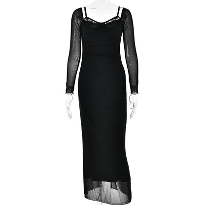 Autumn Long Sleeve Spaghetti Strap Dress Women Sexy Backless Tight Split Maxi Dress