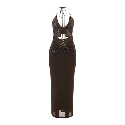 Women Clothing Summer Sexy Halter Lace up Hollow Out Cutout Rhinestone Chain Slim Fit Dress Women