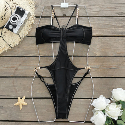 Solid Color Sling High Slit One Piece Swimsuit Women One Piece Sexy Swimsuit