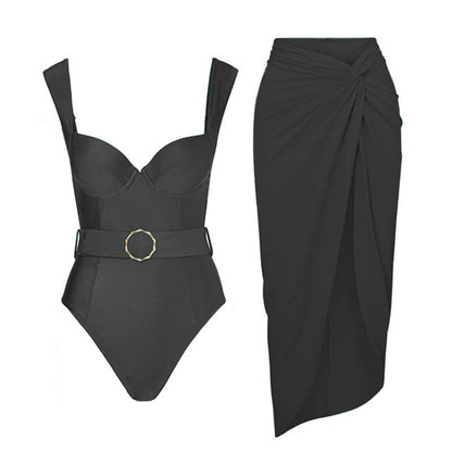 Solid Color One Piece Women Swimwear French Retro Cover Belly Slimming Swimsuit