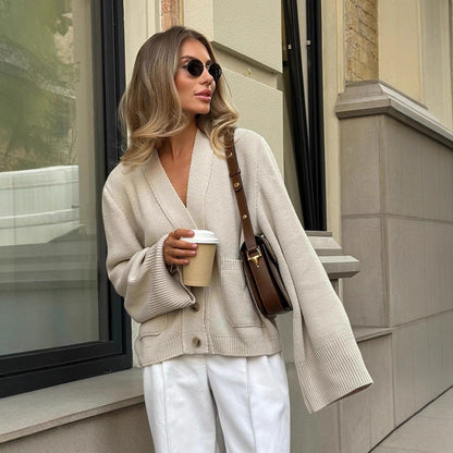Loose Knitted Cardigan Sweater Autumn Winter V neck Knitted Cardigan Idle Loose Sweater Women