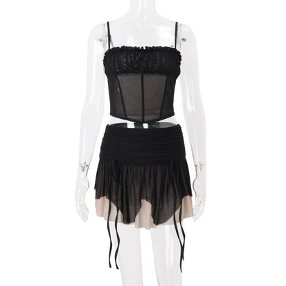 Women Clothing Summer Sexy Mesh Irregular Asymmetric Top Sexy Color Block Skirt Set