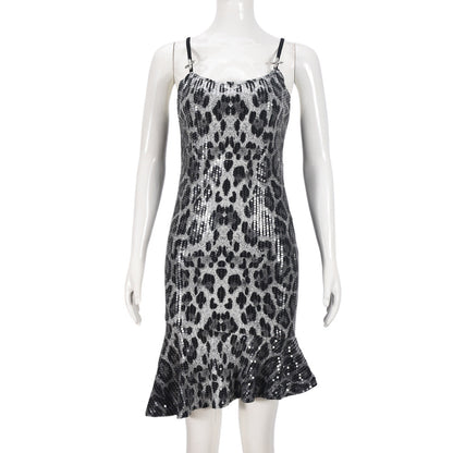 Women Clothing Autumn Sequined Leopard Backless Cross Decoration Sexy Dress