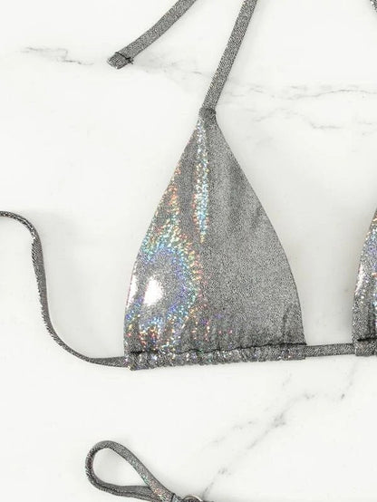 Sexy Three Piece Bikini Silver Thin Glittering Special Fabric Lace up Women Swimsuit