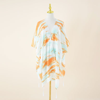 Spring Summer Striped Color Matching Tassel Shawl Beach Sun Protection Sunshade Cardigan Coat