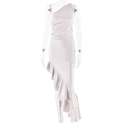 Autumn Sexy Oblique Shoulder Sleeveless Hip Backless High Slit Sexy Slim Fit Dress