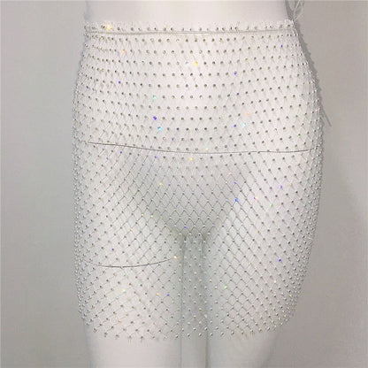 Women Clothing Sexy Fishnet Rhinestone Skirt Sweet Spicy Mini Skirt Rhinestone Miniskirt Women
