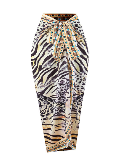Bikini Leopard Print Lace up Halterneck Cover Belly Backless Gauze Skirt Sunscreen Swimsuit Women