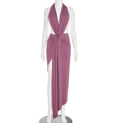 Women Sexy Slim Fit Halter Backless Sleeveless Pleated Elegant Maxi Dress