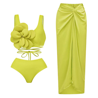 Solid Color Split Swimsuit Women Sexy High Waist Banded Bikini Three Piece Set Bikini
