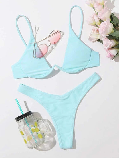 Sexy Bikini Split Gathering Steel Bracket Solid Color Swimsuit Women