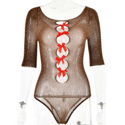 Autumn Sexy High Elastic Knitted See through Bow Hollow Out Cutout Rhinestone Jumpsuit