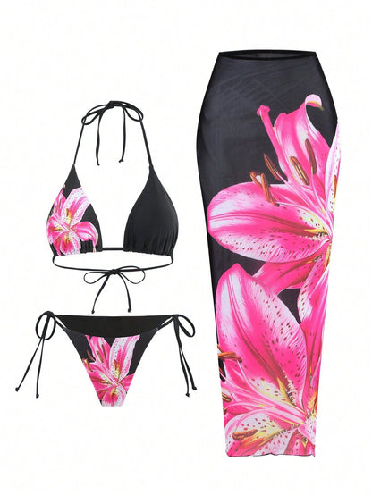 Printed Lace up Sexy High Waist Long Skirt Three Piece Bikini Swimsuit Swimwear Women