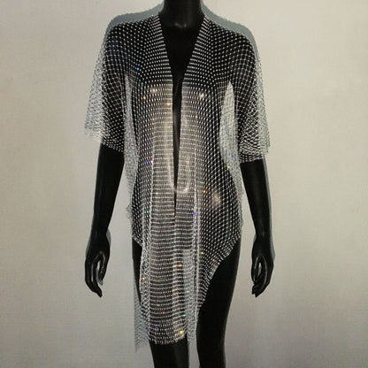 Mesh Rhinestone Fishnet Dress Sexy Rhinestones Bikini Cardigan Sexy Fishnet Dress Women
