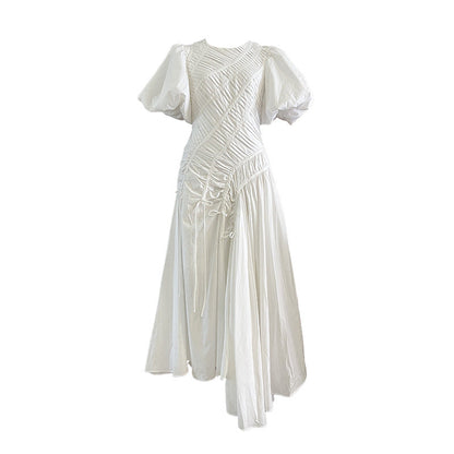 Elegant Simple Prom Dress Women Summer Maxi Dress Puff Sleeve round Neck Pleated Dress
