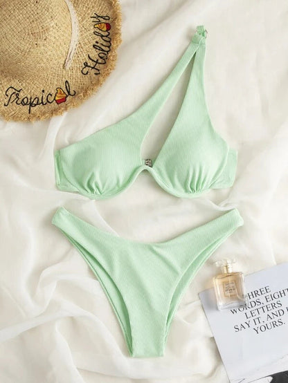 Sexy Women Seperated Swimwear Solid Color One Shoulder Underwire Bikini