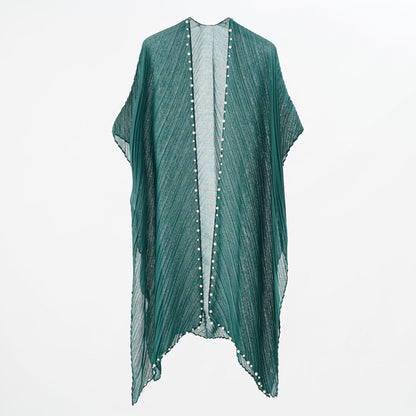 Pearl Breasted Solid Color Blouse Beach Dress Sunscreen Sexy Shawl Blouse Seaside Vacation Cardigan