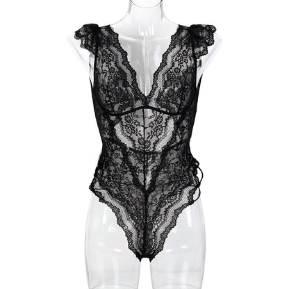 Women Clothes Mysterious Black Lace Deep V Plunge Sexy Hip Tied Jumpsuit