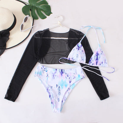 Women Seperated Swimwear Mesh Outerwear Three Piece Set Sexy Graffiti Bikini Bikini