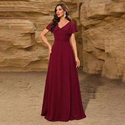 Chiffon V neck Bowknot Shawl Back Zipper a Large Swing Fully Lined Elegant Evening Dress Women