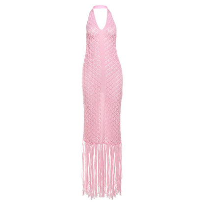 Summer Beach Dress Women Solid Color Sexy Knitted Beach Group Cover up Sunscreen Knitted Dress