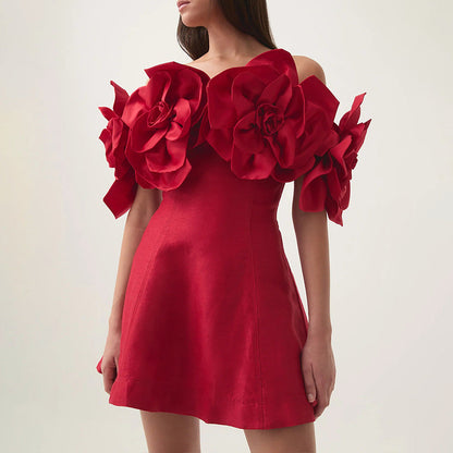 Elegant Socialite Dress Tube Top off Shoulder Three Dimensional Floral Special Interest Design Dress Women