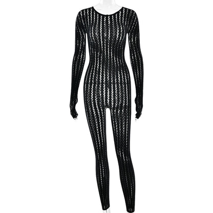 Sexy See through Summer Perspective Jumpsuit Seamless Striped Jacquard One Piece Long Sleeves One Piece Trousers