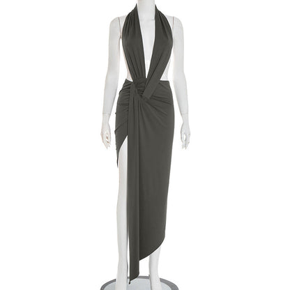 Women Sexy Slim Fit Halter Backless Sleeveless Pleated Elegant Maxi Dress