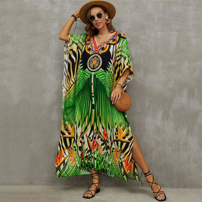 Rayon Positioning Printing Beach Cover Up V Neck Robe Vacation Skirt Bikini Cover