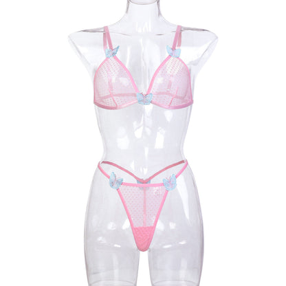 Underwear Pink Two Piece Butterfly Three Dimensional Embroidery Sexy Lingerie
