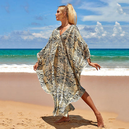 Elastic Printing Beach Cover-up Sexy Loose Chest Woven Vacation Beach Cover Up