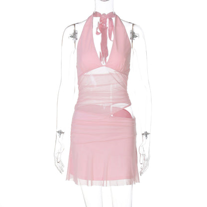 Women Clothing Sexy Deep V Plunge Stitching Mesh Hollow Out Cutout Hip Wrapped Short Halter Dress