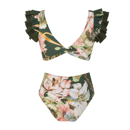 Retro High Waist Split Swimsuit Women Ruffled Bikini Swimsuit Chiffon Beach Skirt Set
