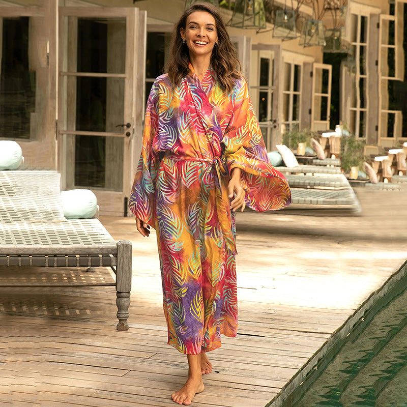 Leopard Print Long Cardigan Loose Beach Sun Protection Coat Beach Cover Up Swimsuit Outwear Women