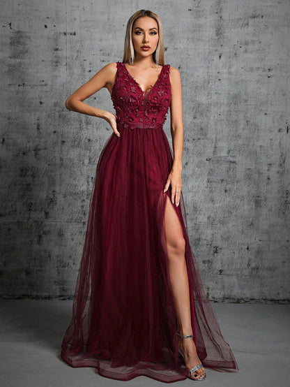 Women Evening Dress Women Chiffon Double V neck Dress Sleeveless A line Large Hem Sequin Stitching Summer