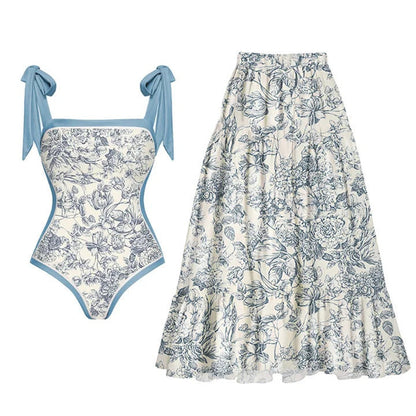 Double Sided Sexy Swimsuit Women Conservative Spring Vacation Swimsuit Wrap Skirt Set