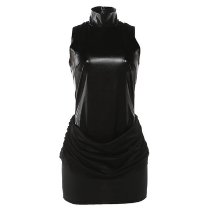 Spring Women Sexy Faux Leather Stitching Ruffle Slim Turtleneck Dress