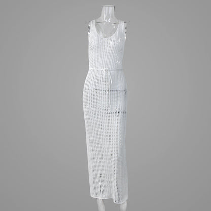Vacation Beach Blouse Hollow Out Cutout Backless Knitted Dress Women Split Crochet hook