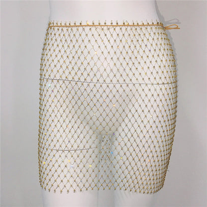 Women Clothing Sexy Fishnet Rhinestone Skirt Sweet Spicy Mini Skirt Rhinestone Miniskirt Women