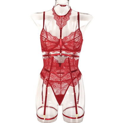 Sexy Three Piece Summer Lace Eyelash Lace Stitching with Halter Foot Ring