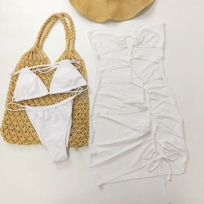 Swimwear Sexy Lacing Bandage Solid Color Ladies Three Piece Set Bikini