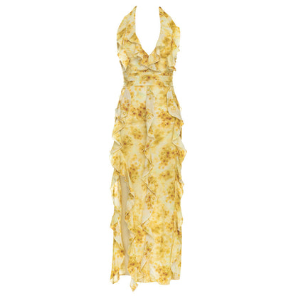 Dress Autumn Simplicity Sexy Retro Halter Ruffled Floral Slim Fitting Dress