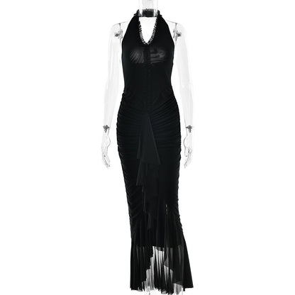 Arrival Sexy Halter Dress Summer Deep V Plunge Ruffled Slit Pleated Dress