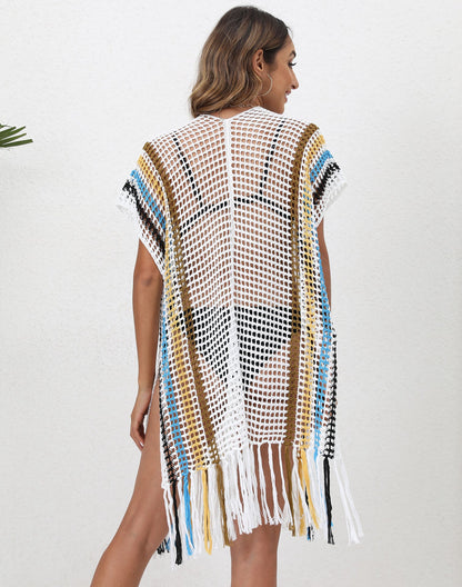 Beach Cover up Women Clothing Loose Woven Shirt Color Contrast Patchwork Tassel Beach Cover Up Cardigan