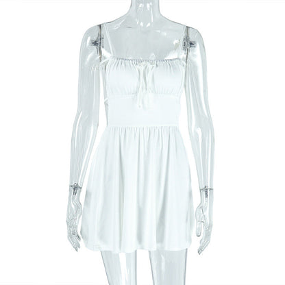 Simple Women Pleated Solid Color A line Dress Backless Lace up Boat Neck Short Dress