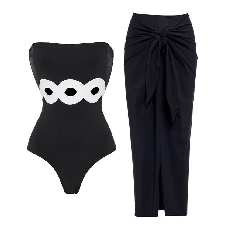 Black White Simple Hollow Out Cutout Out Swimsuit Women Skirt Set