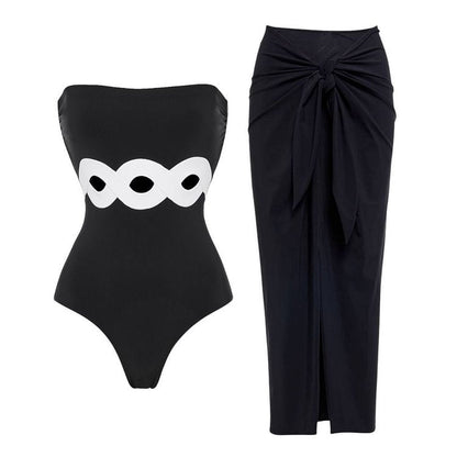 Black White Simple Hollow Out Cutout Out Swimsuit Women Skirt Set