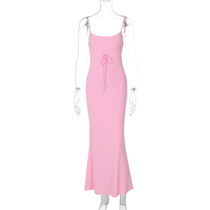 Women Clothing Summer Pure Sexy Solid Color off Neck Waist Slimming Sling Dress