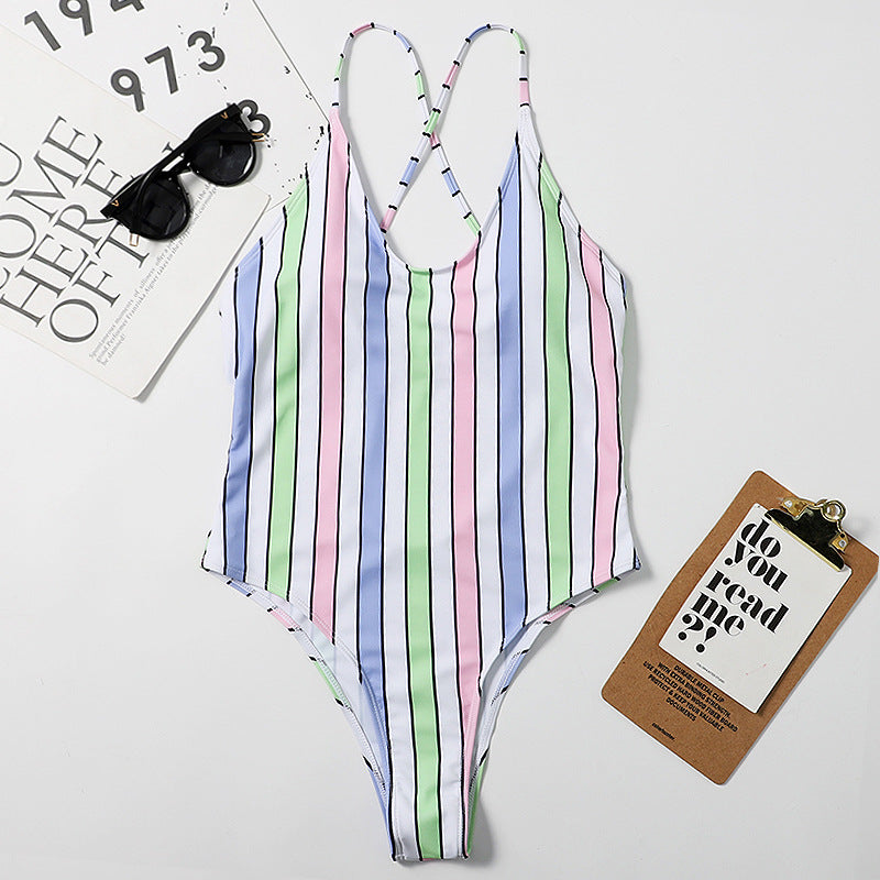 Rainbow Bar Women Siamese Triangle Bikini Swimsuit Beach Swimsuit