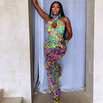 Women Printed Loose Comfortable Fitted Waist Jumpsuit Cross Halterneck Hollow Out Cutout Backless Sexy Jumpsuit